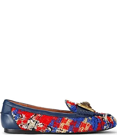 London Pimlico Tweed Plaid Eagle Ornament Moccasins by Kurt Geiger