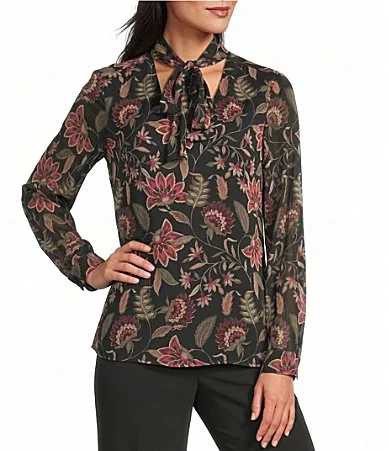 Crinkle Woven Floral Print Neck Tie Long Sleeve Blouse