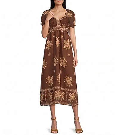 Floral Printed Short Puff Sleeve Tie Back Midi Dress by Blu Pepper