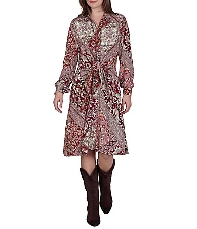 Ponte Victorian-Inspired Patchwork Point Collar Long Sleeve Self Tie Shirt Dress by Ruby Rd