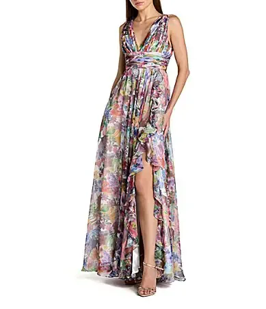 Mac Duggal Sleeveless Printed Chiffon V Neck Ruched Gown by M.A.C.