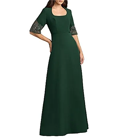 Mac Duggal Crepe Square Neck with Beaded Extended Sleeves Gown by M.A.C.