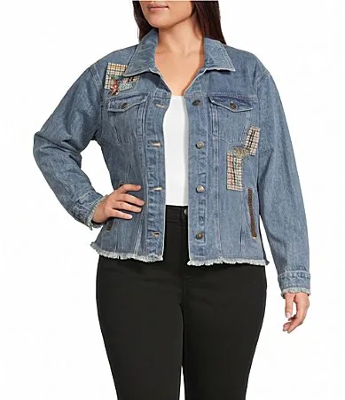 Denim Mixed Patch Panel Dog Print Point Collar Long Sleeve Button Front Jacket by John Mark