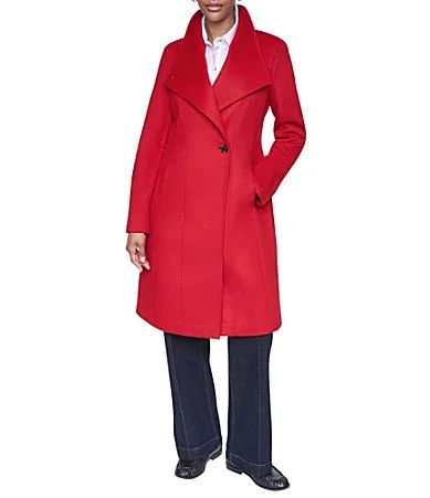 DKNY Wool Blend Asymmetrical Neck Trim Button Front Single Breasted Coat by Donna Karan