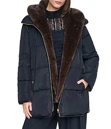 Faux Fur Trim Inner Vest Hooded Zip Front Down Puffer Jacket by Halston