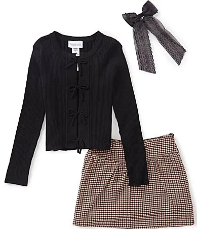 Long-Sleeve Solid Cardigan Printed Skirt Set by Tween Diva