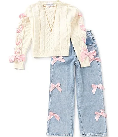 Long-Sleeve Ribbon-Detailed Cable-Knit Sweater Bow-Accented Jeans Set by Tween Diva