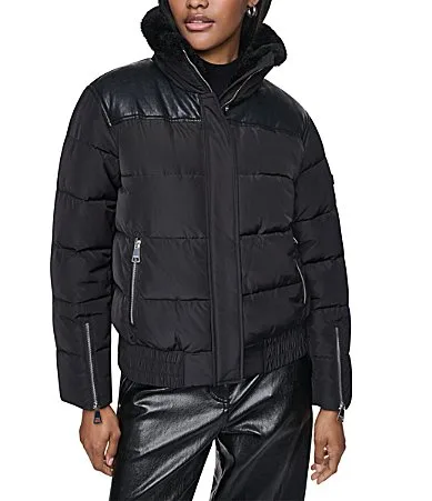 DKNY Faux Fur Trim Stand Collar Short Snap Front Puffer Bomber by Donna Karan