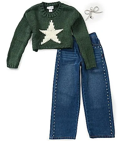 Long-Sleeve Star-Motif Crocheted Sweater Studded Jeans Set by Tween Diva