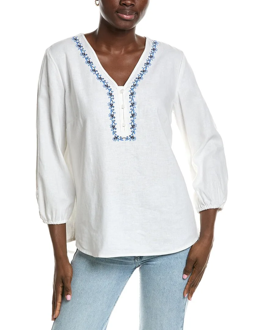 Embroidered Linen-Blend Popover Blouse