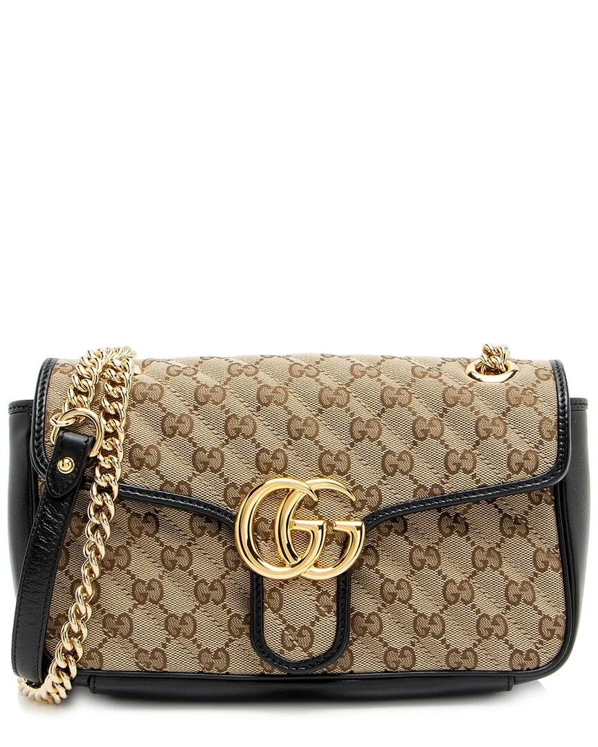 Beige & Black GG Canvas GG Marmont Medium Flap Bag (authentic Pre-Loved)