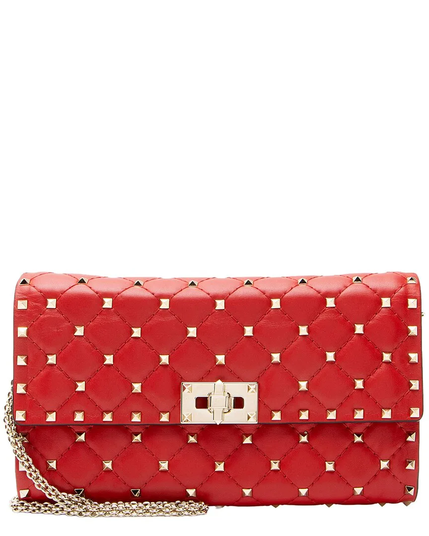 Red Leather Rockstud Spike Wallet on Chain (authentic Pre-Loved) by Valentino