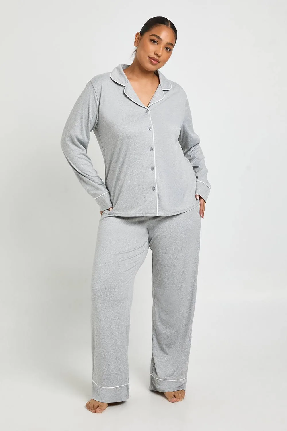 Piping Detail Long Sleeve Shirt & Trouser Pyjama Set by boohoo