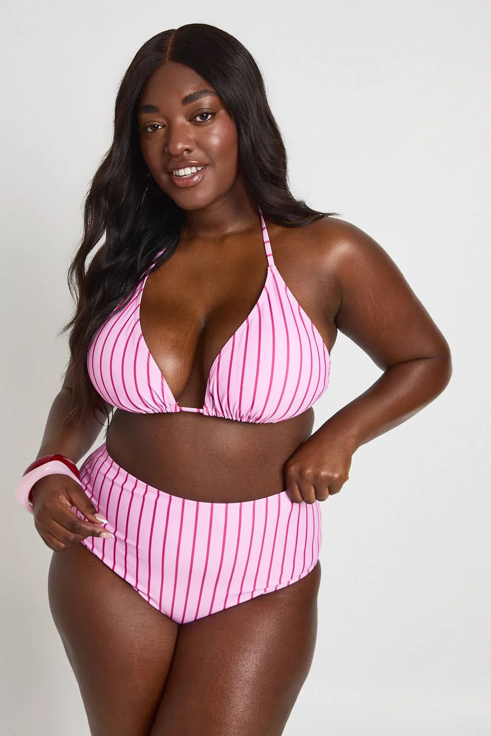 Striped Triangle Bikini Top & High Waist Bikini Bottoms Set by boohoo
