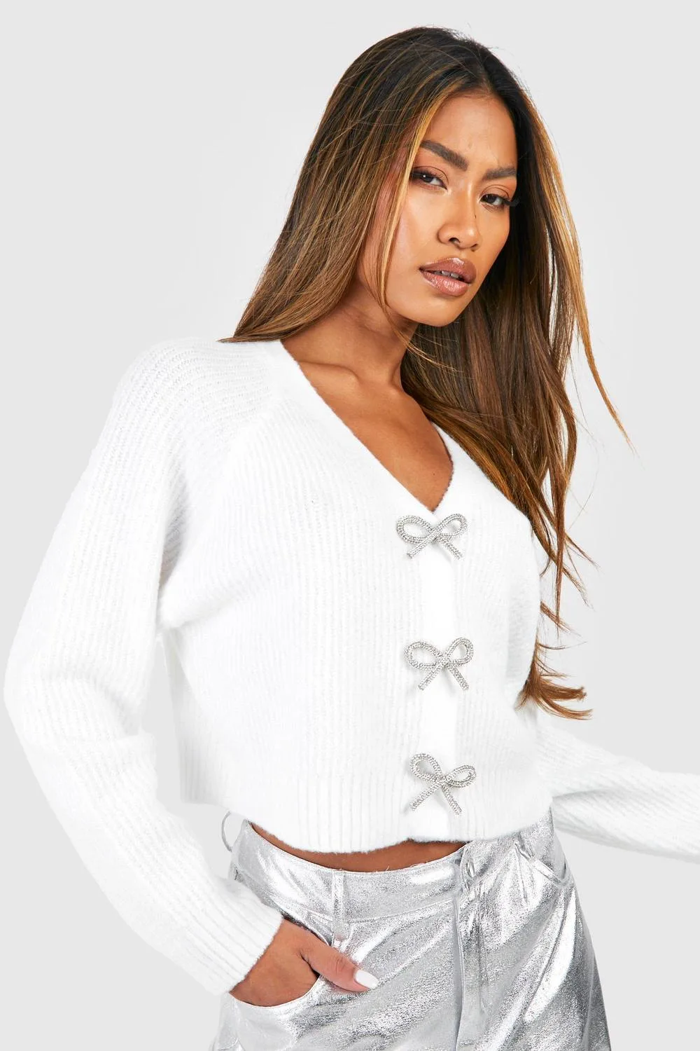 Diamante Button Soft Knit Cardigan by boohoo