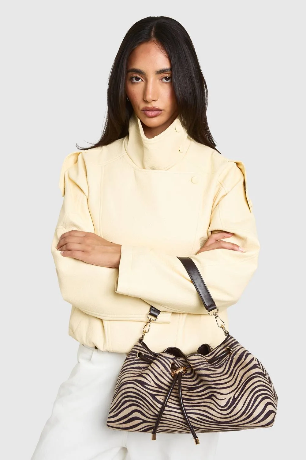 Zebra Print Large Ruched Detail Shoulder Bag with Crossbody Strap by boohoo