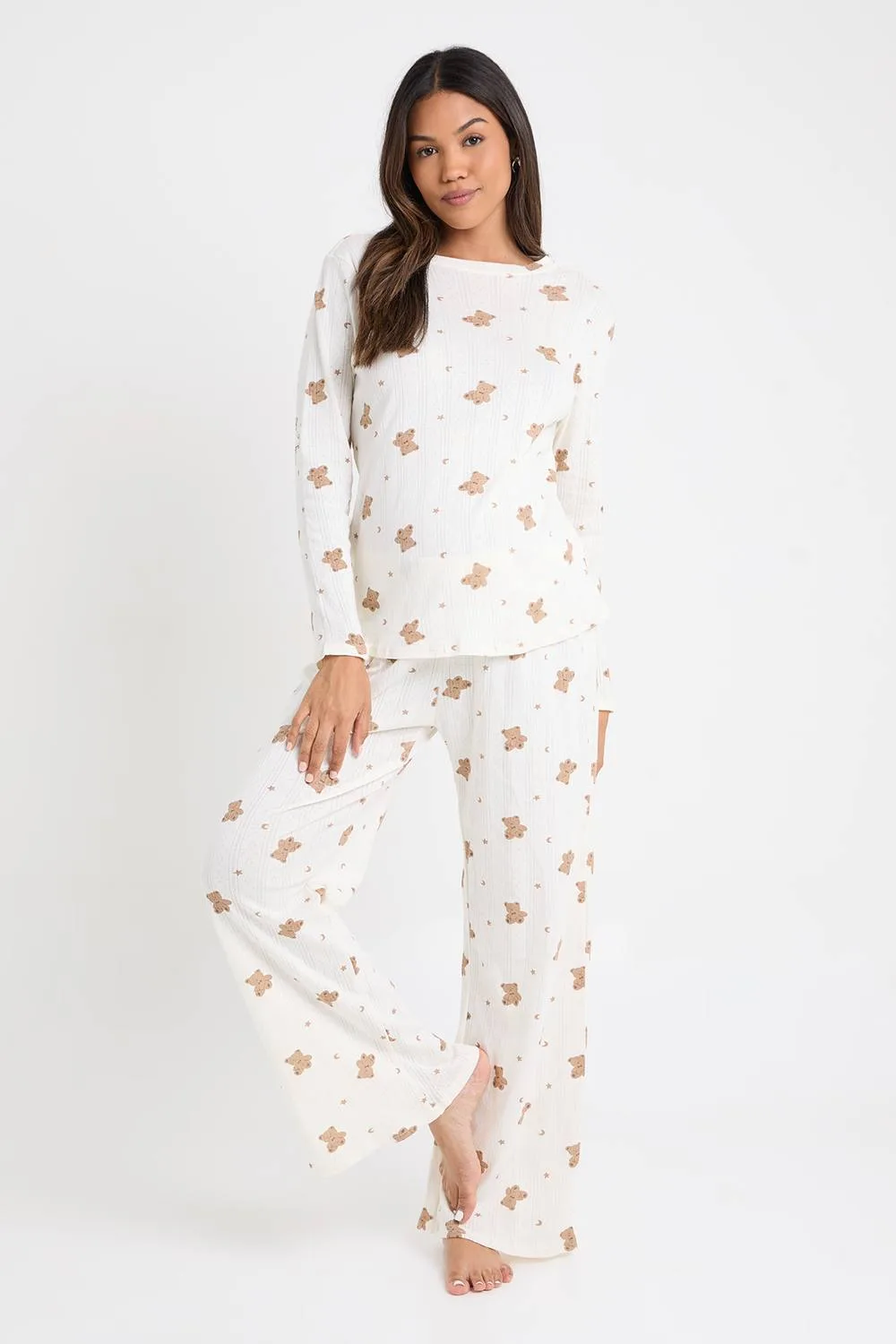Maternity Pointelle Bear Print Long Sleeve Top & Trouser Pyjama Set by boohoo