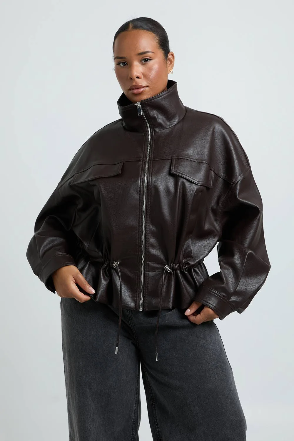 Faux Leather Funnel Neck Cinched Waist Jacket by boohoo