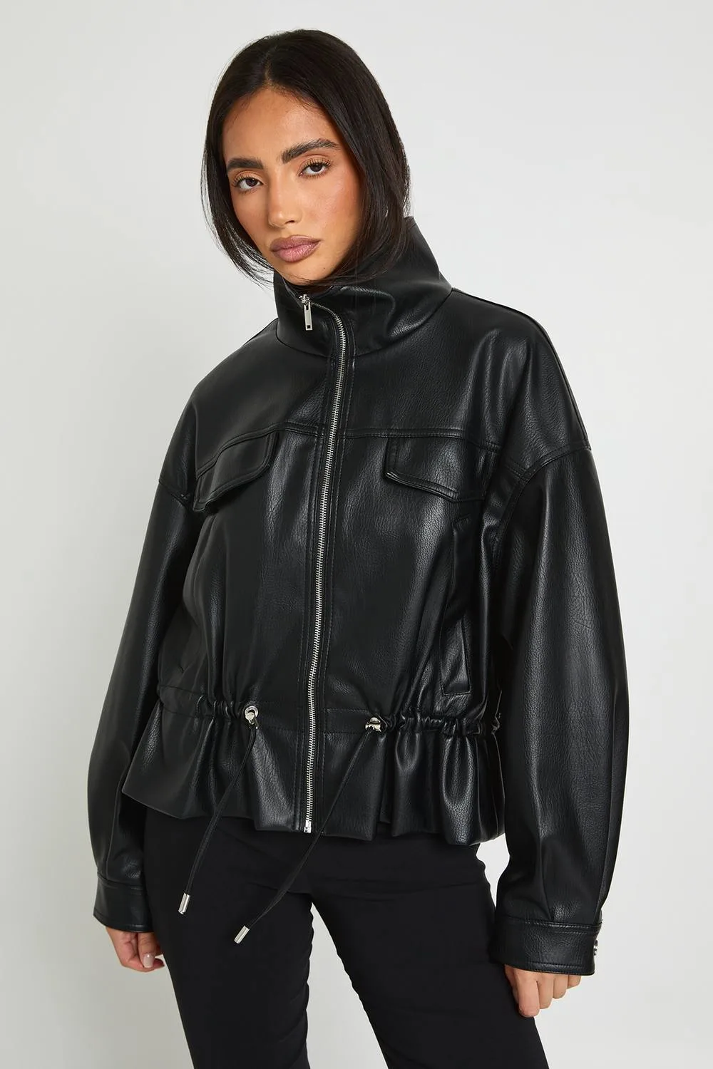 Faux Leather Funnel Neck Cinched Waist Jacket by boohoo