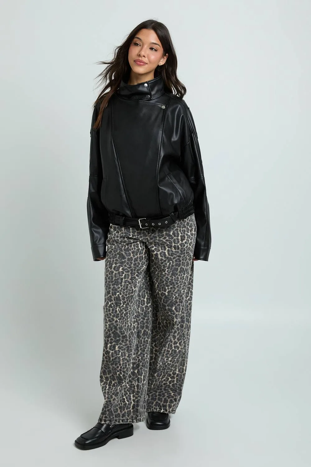 Faux Leather Funnel Neck Biker Jacket by boohoo
