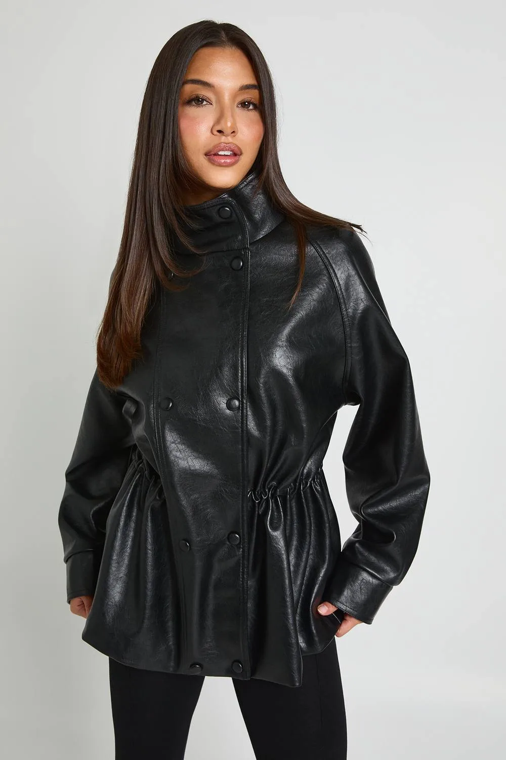Faux Leather Longline Button Detail High Neck Jacket by boohoo