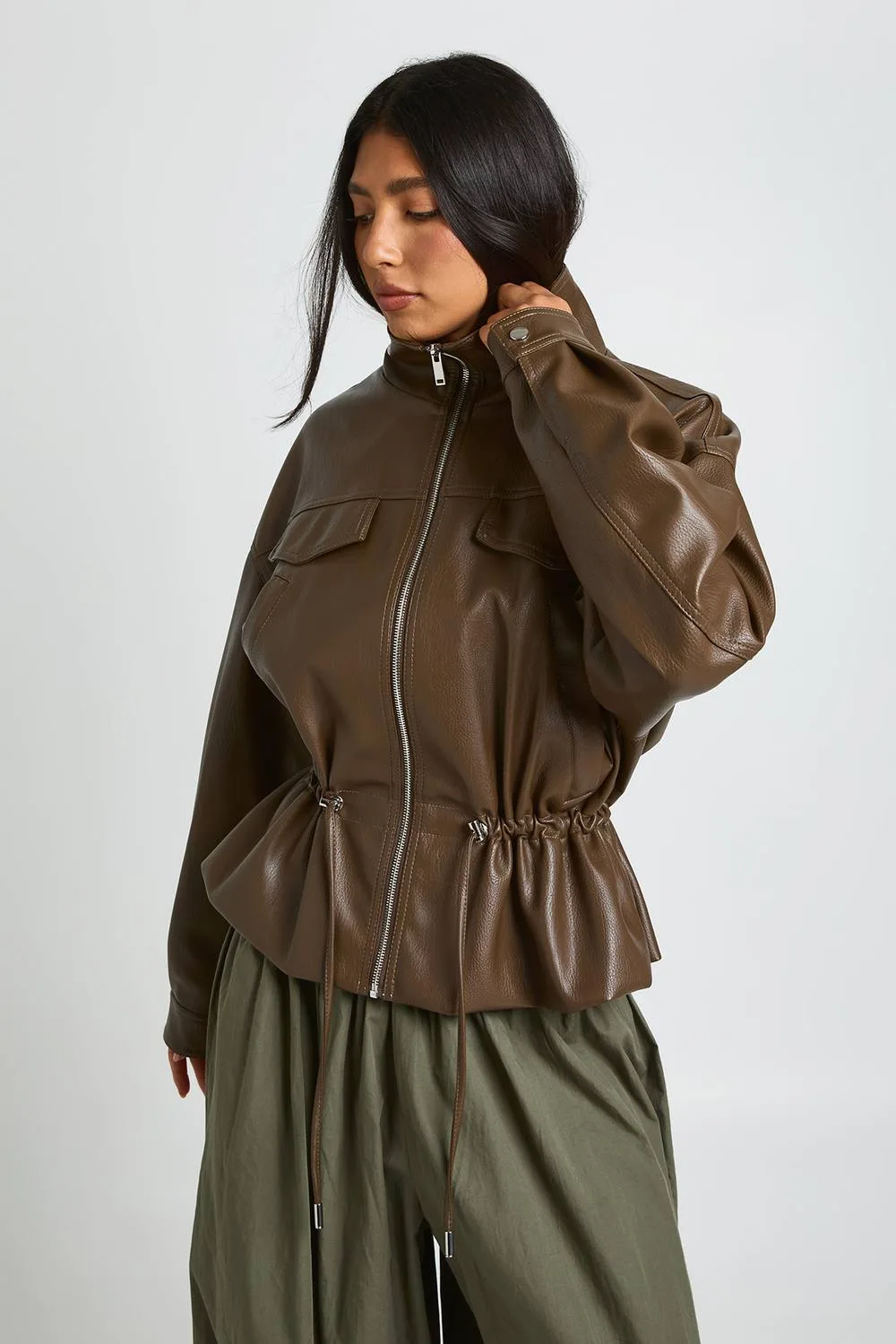 Faux Leather Funnel Neck Cinched Waist Jacket by boohoo