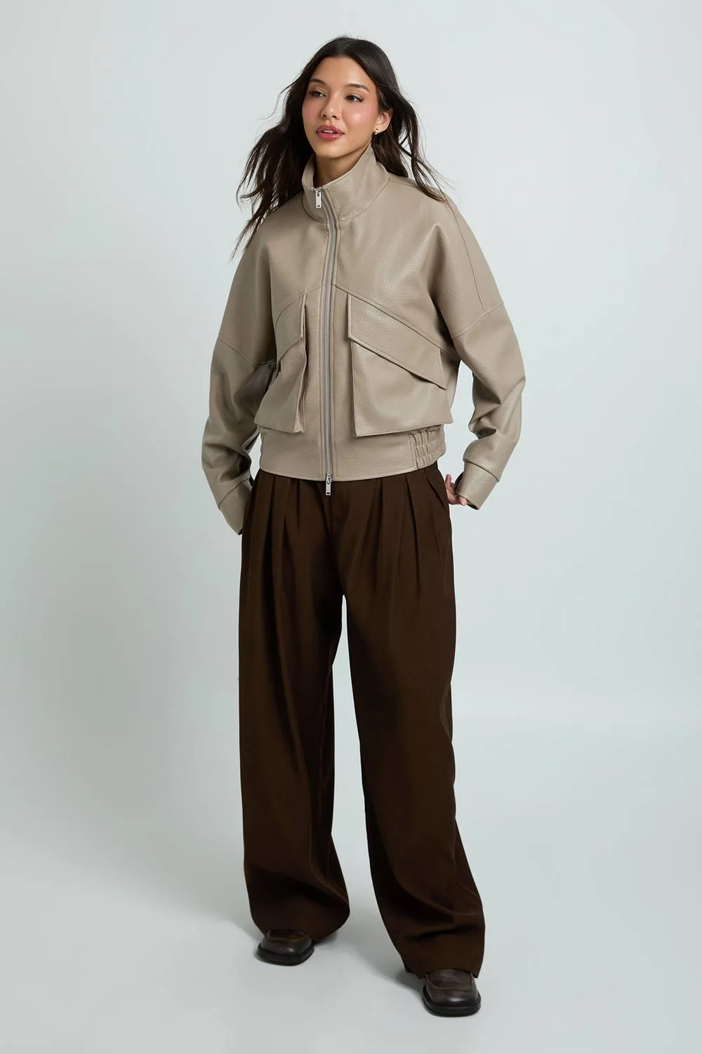 Pebbled Faux Leather Funnel Neck Bomber Jacket by boohoo