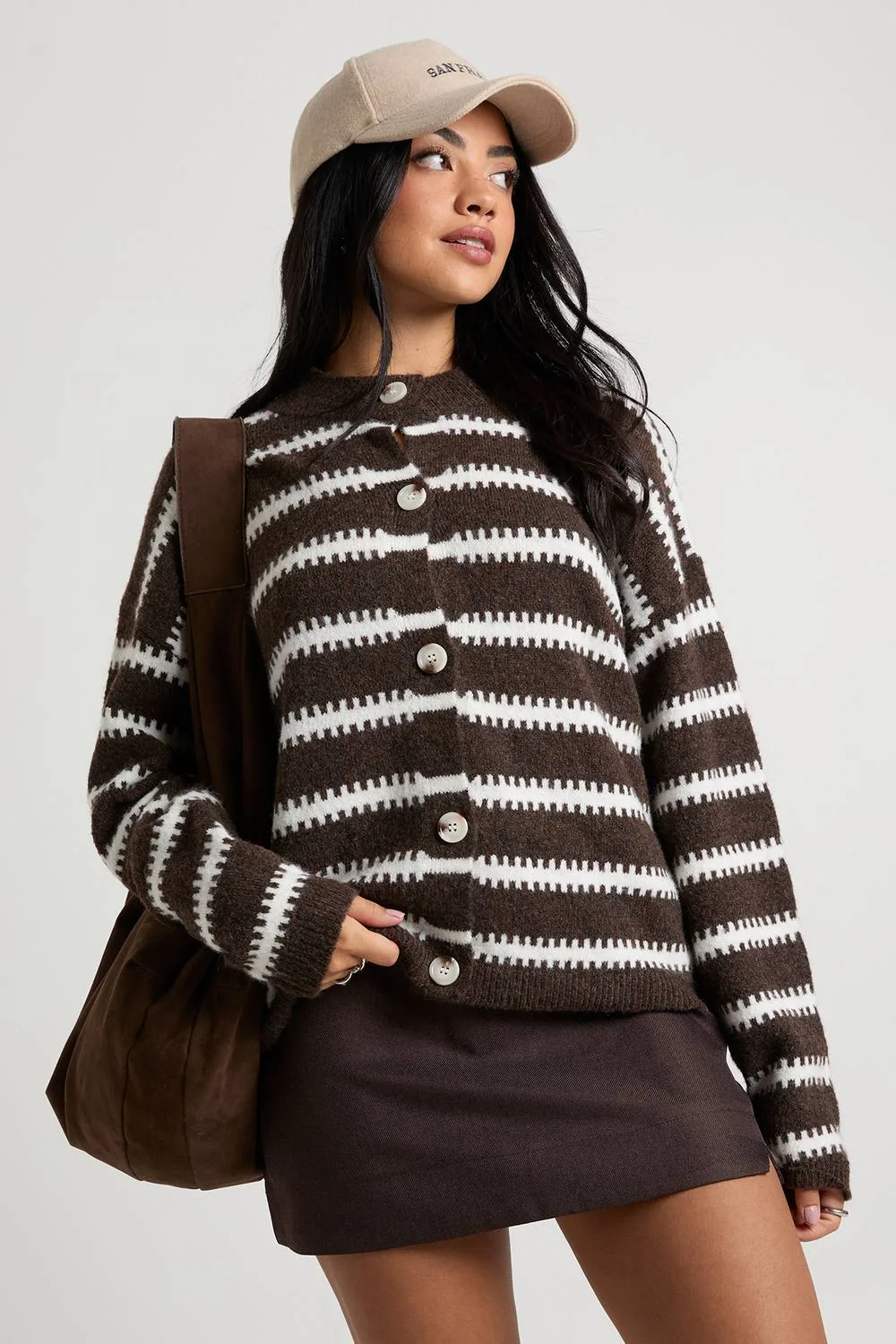 Super Soft Stripe High Neck Button Through Cardigan by boohoo