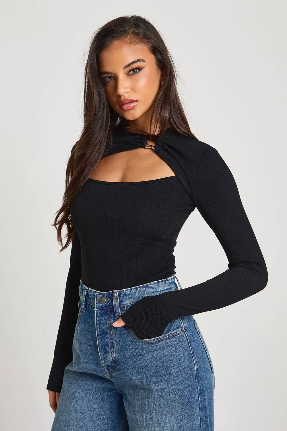 Rib Gold Trim Detail Cut Out Long Sleeve