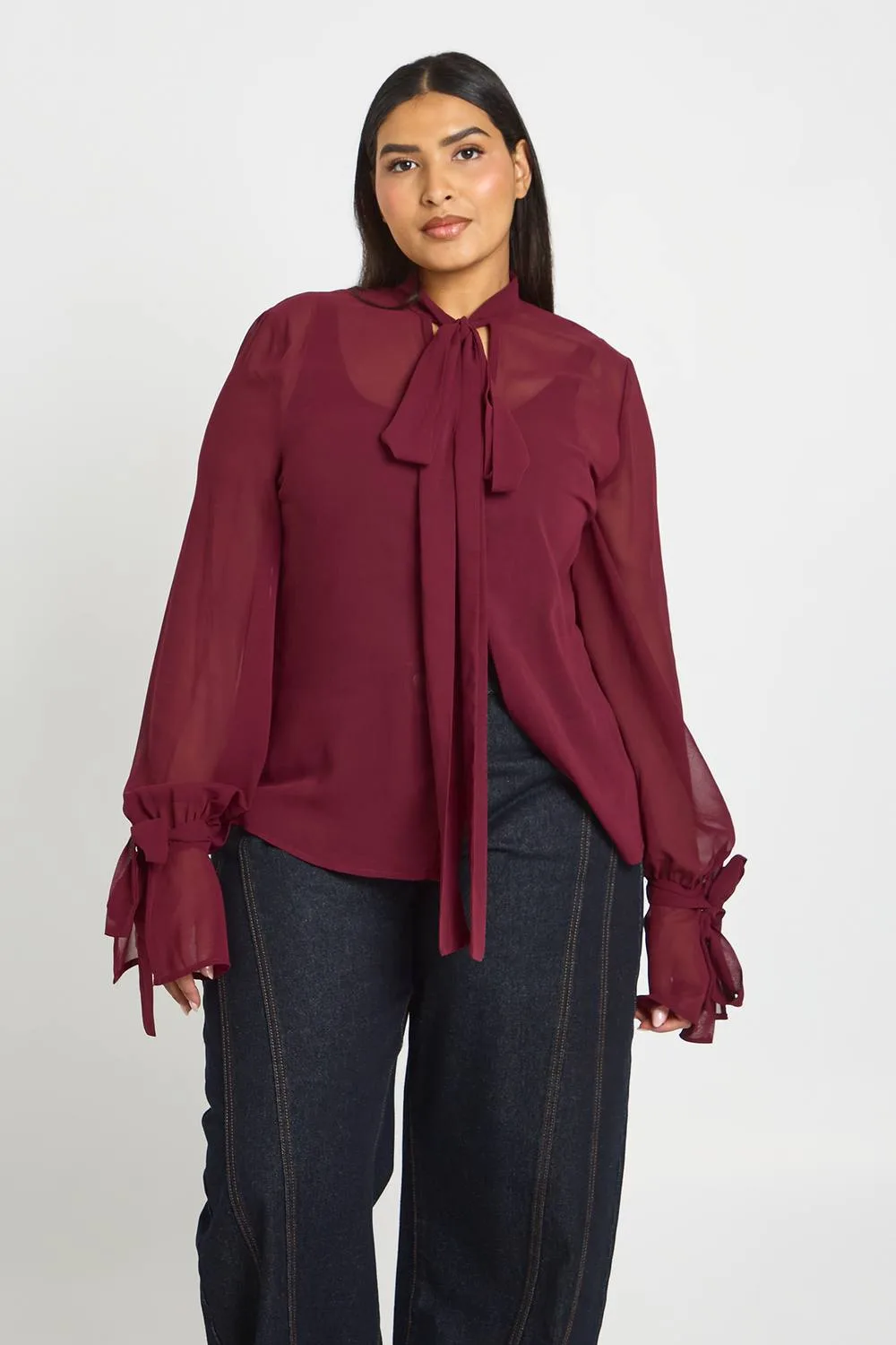Chiffon Sheer Tie Front Long Sleeve Blouse by boohoo
