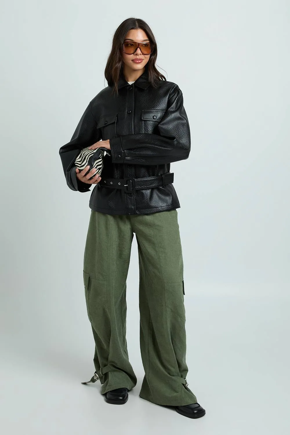 Pebbled Faux Leather Fitted Belted Jacket by boohoo