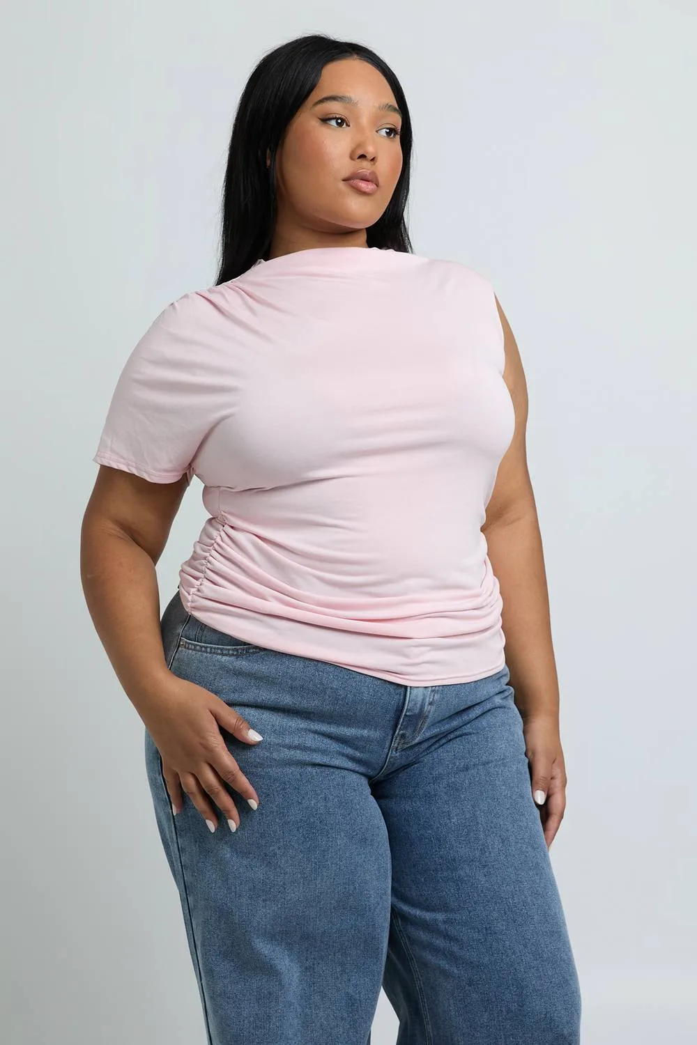 Ruched High Neck One Sleeve Top by boohoo