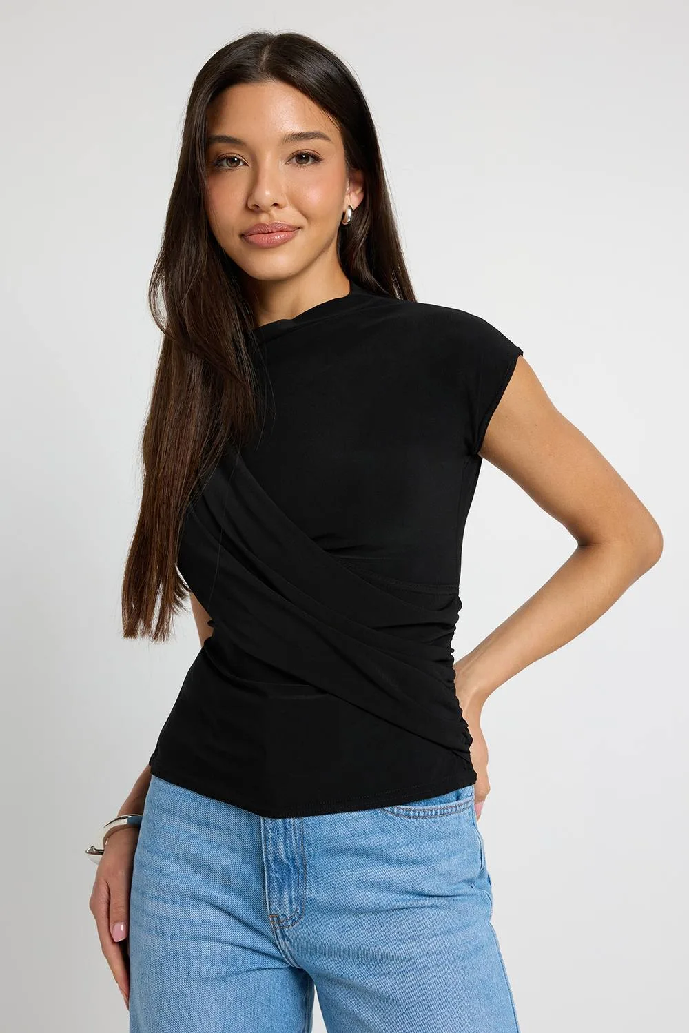 Slinky Wrap Detail Short Sleeve Top