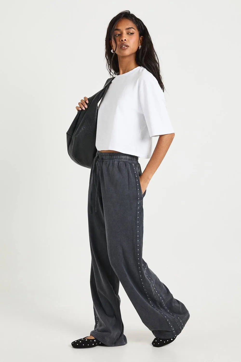 Washed Studded Double Track Straight Leg Joggers Pants by boohoo
