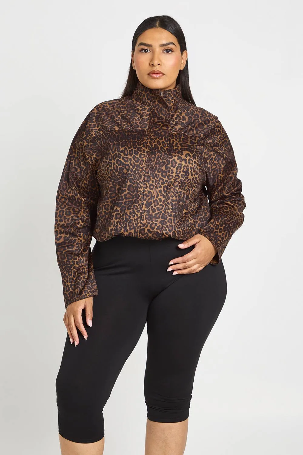 Funnel Neck Twill Leopard Print Zip Through by boohoo