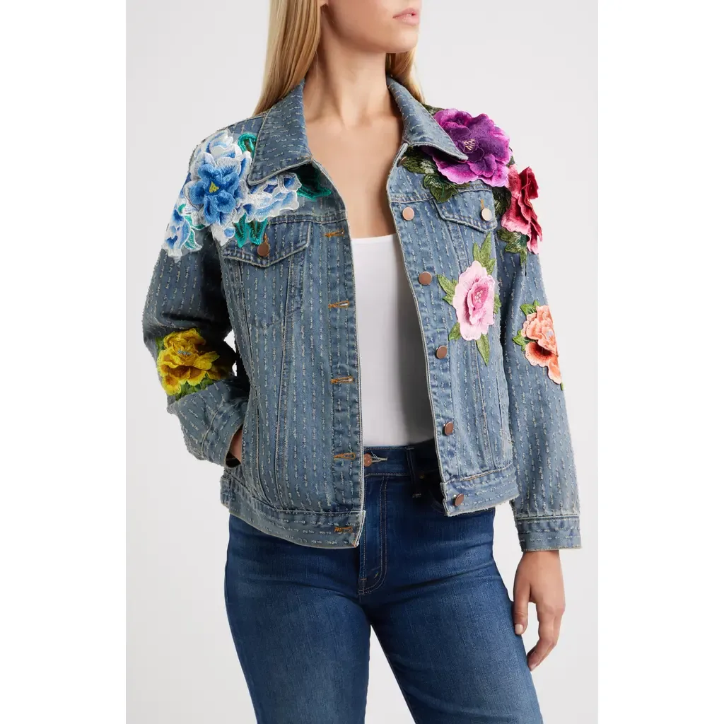 Blossom Embroidered Floral Appliqué Denim Trucker Jacket by NIKKI LUND