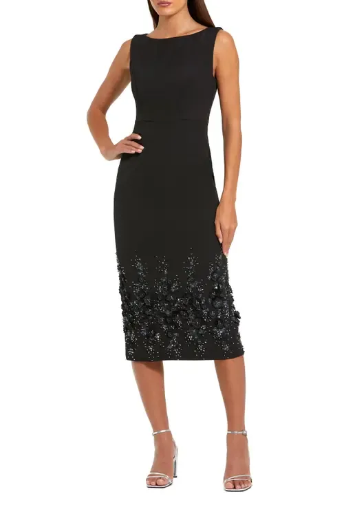 Crepe Sleeveless Floral Beaded Midi Dress by Mac Duggal
