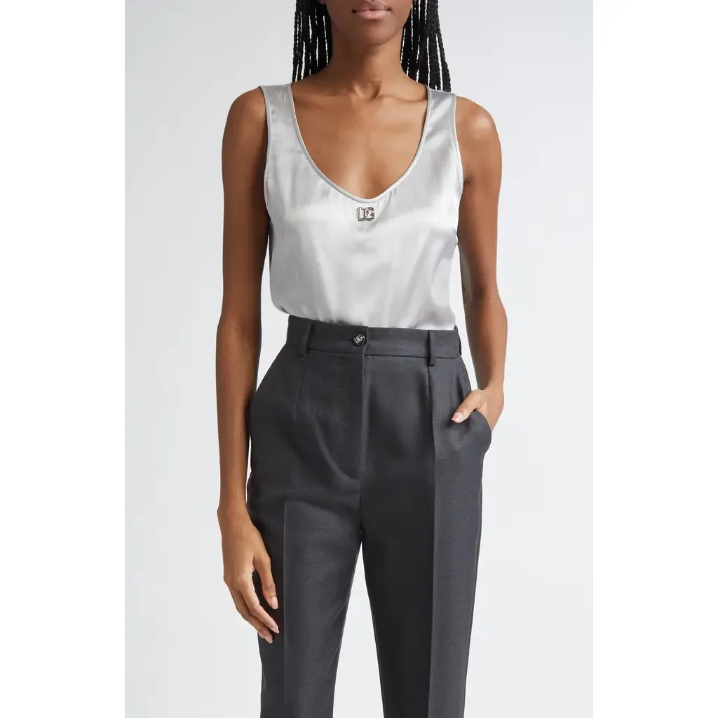 Logo Scoop Neck Stretch Silk Tank by Dolce&Gabbana