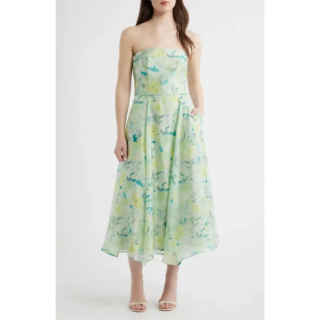 Elena Floral Print Strapless Midi Dress by Lulus
