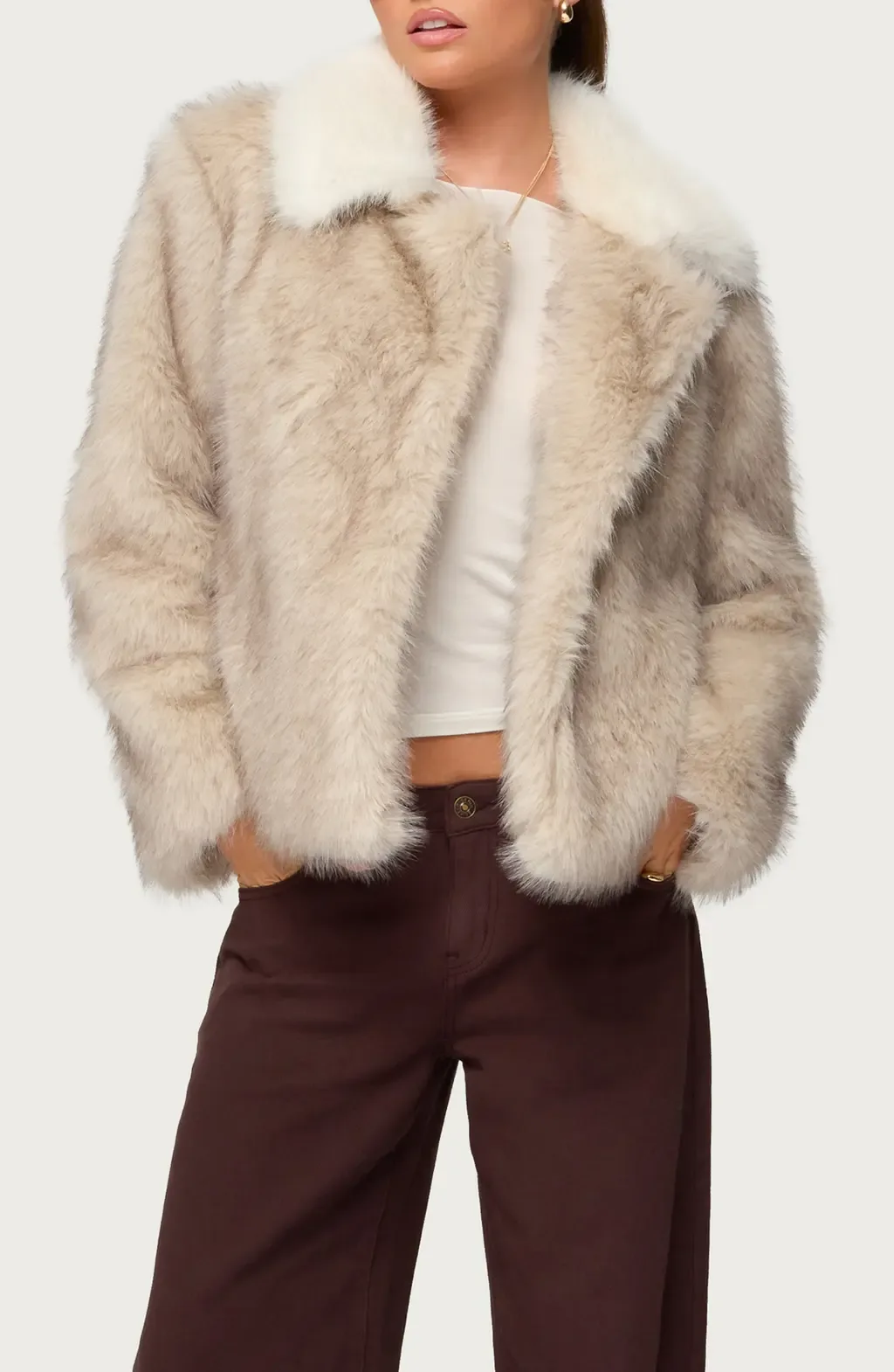 Contrast Collar Faux Fur Jacket