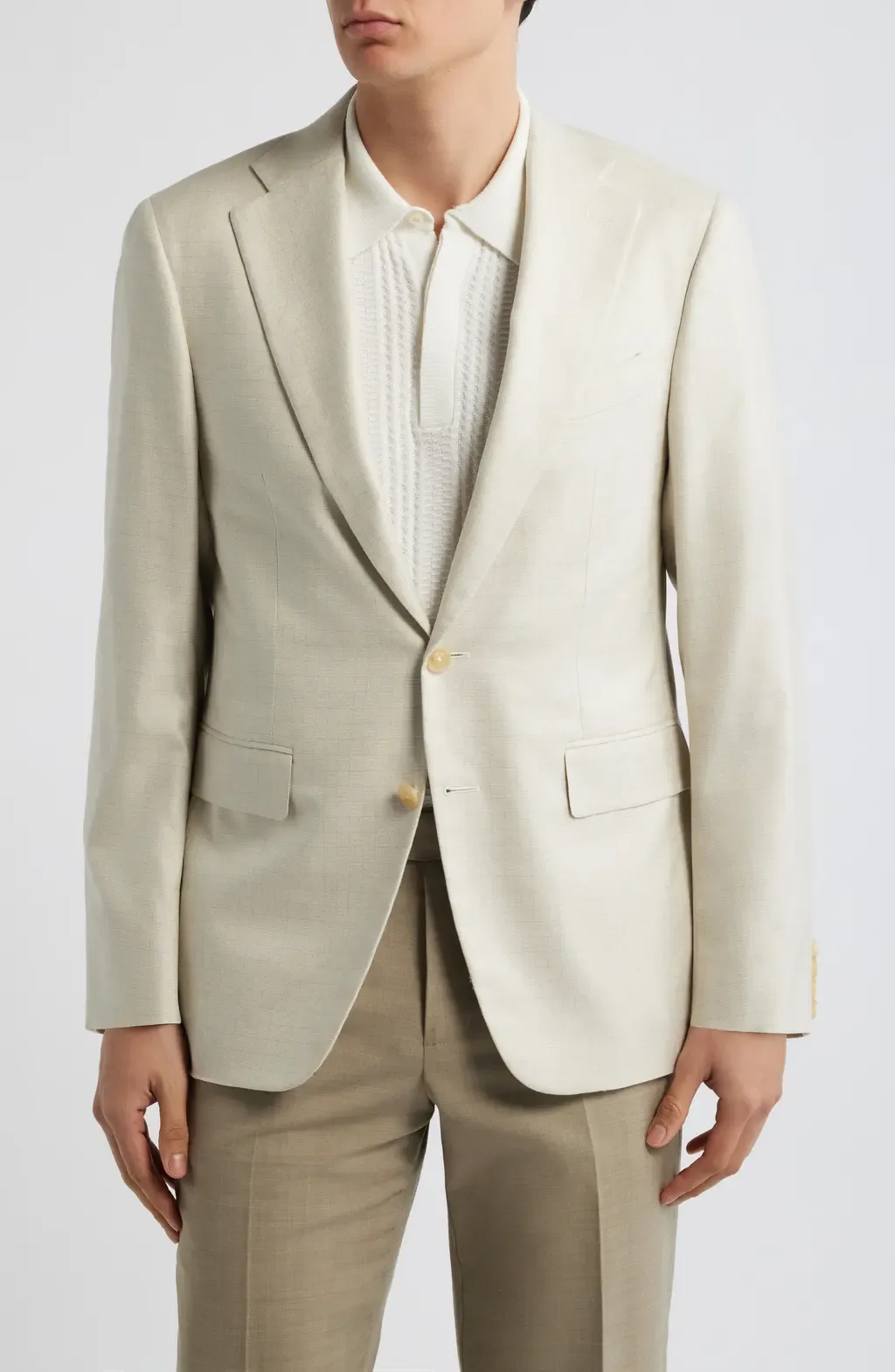 Capri Trim Fit Beige Check Jacquard Silk & Cashmere Sport Coat
