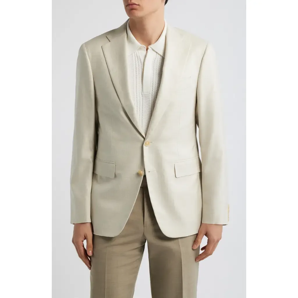 Capri Trim Fit Beige Check Jacquard Silk & Cashmere Sport Coat by Canali