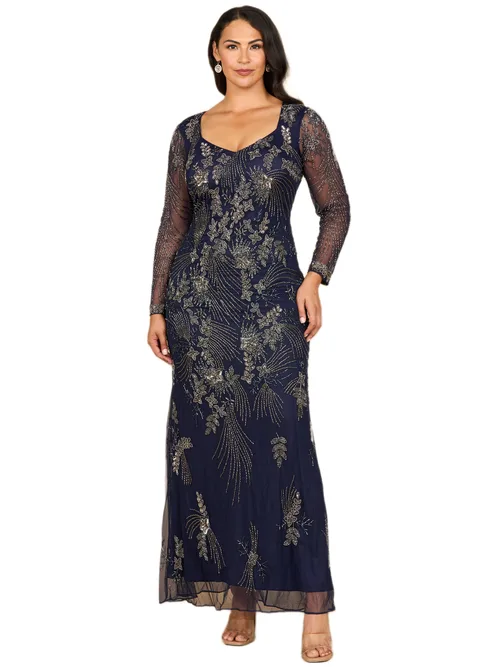 Long Sleeve Queen Anne Beaded Gown by LARA New York