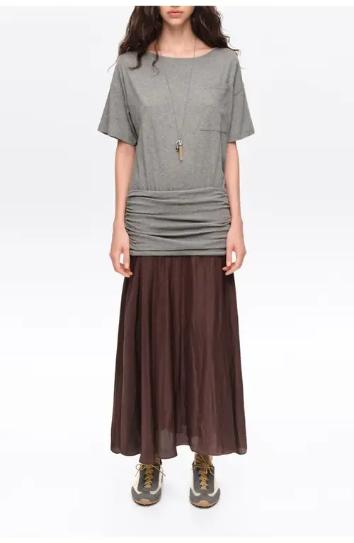 Ruched Two-Material Flared Midi Dress by BIMBA Y LOLA