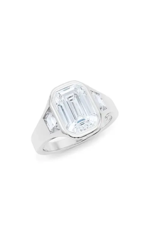 Emerald with Trapezoid Lab Created Diamond Ring in 2.50 Ctw 18K White Gold by HauteCarat