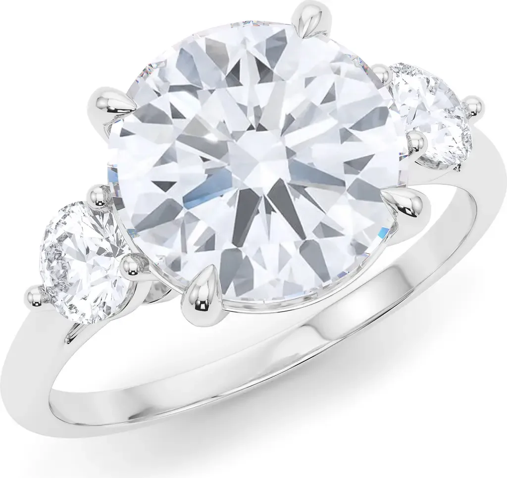 Three Stone Round Cut Lab Created Diamond Ring in 4.00Ctw 18K White Gold by HauteCarat