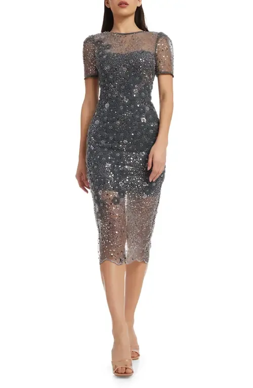 Lia Sequin Illusion Mesh Overlay Midi Cocktail Dress - Steel by Dress the Population