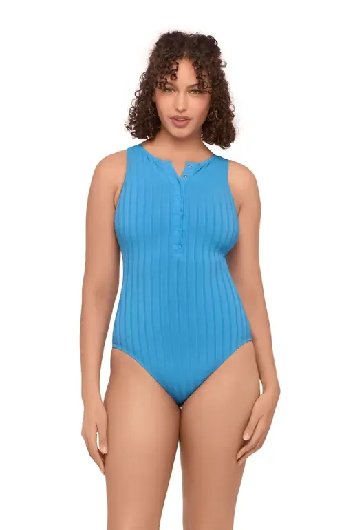 Smoothing and Sculpting Wide Rib Snap High Neck One-Piece Swimsuit by S3 Apparel