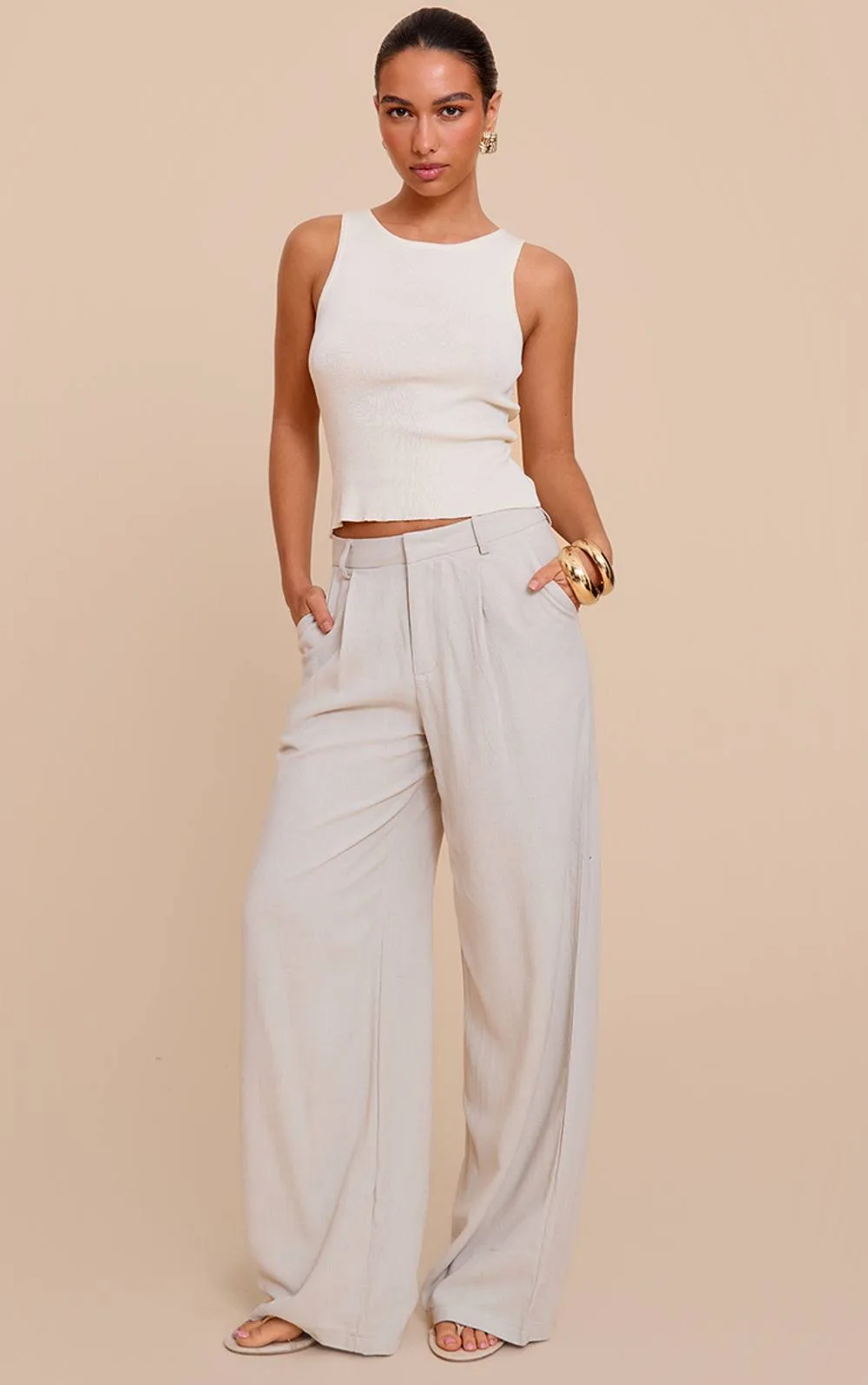 Linen Look Tailored Straight Leg Trousers by PrettyLittleThing