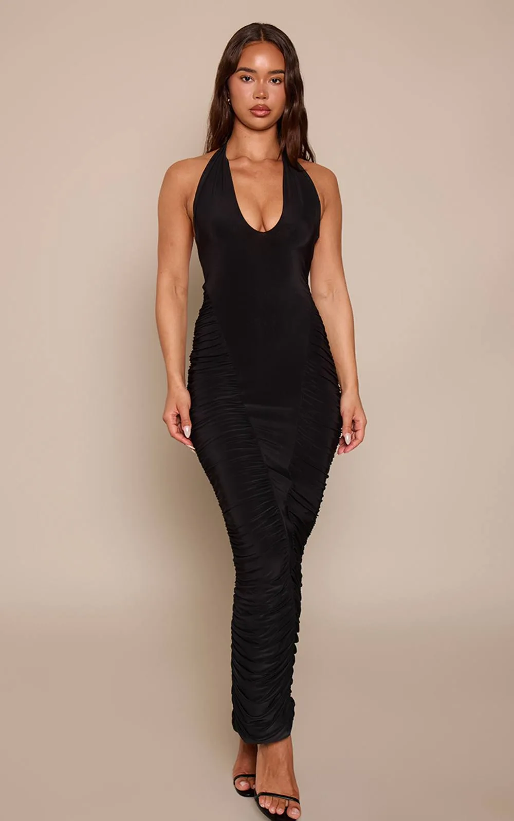 Double Layer Slinky Halter Neck Ruched Side Maxi Dress